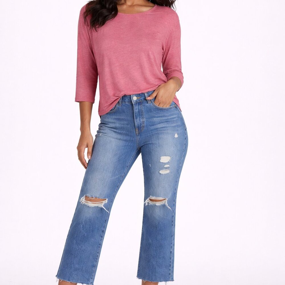 Rachel Zoe Women’s Medium Salmon Pink Scoop Neck 3/4 Sleeve Stretch Knit Top